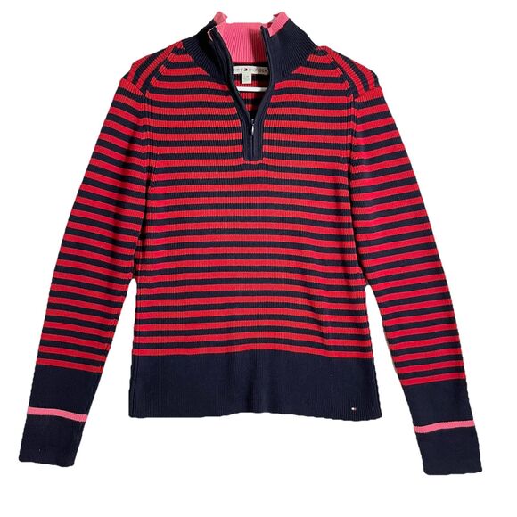 VTG Tommy Hilfiger Womens Striped Red Blue Sweater Quarter Zip Collar size Large - Picture 1 of 7